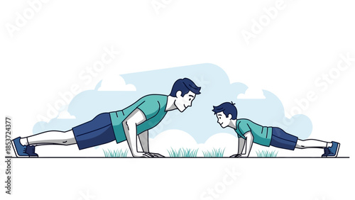 Father and son exercising together, father and son doing pushups and bonding