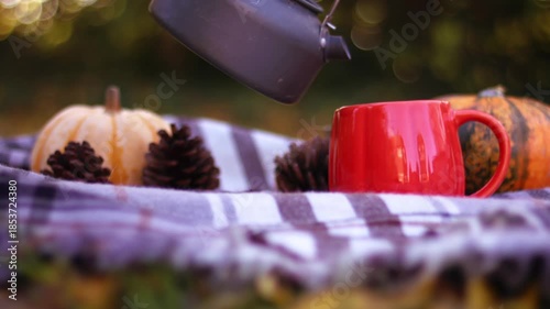 Woman enjoying autumn picnic pouring tea from kettle 