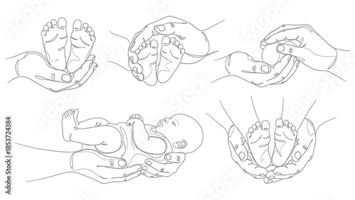 Collection of Illustrations Showing Gentle Hands Caring for a Newborn Baby and Its Tiny Feet
