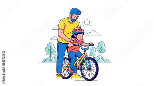 Father teaching his child to ride a bicycle, promoting outdoor activity and healthy lifestyle