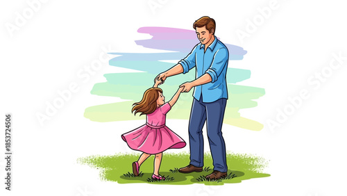 Father and daughter happily dancing together on a grassy field with a colorful sky in the background