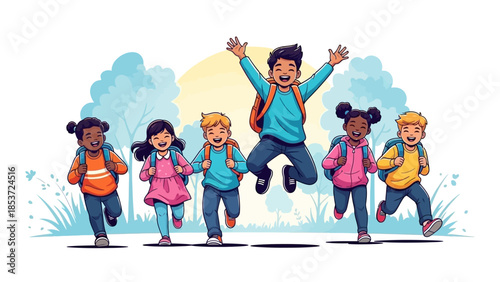 Diverse group of happy children with backpacks jumping and running in a park with trees and blue sky, symbolizing education and fun