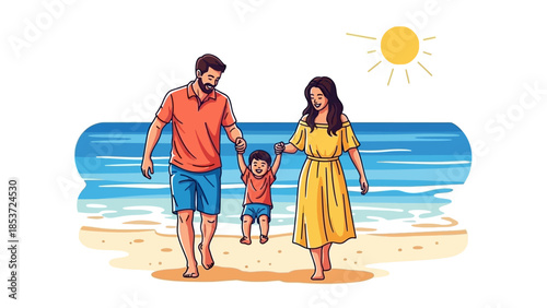 Family enjoying a sunny day at the beach, holding hands and walking on the sand with the ocean in the background