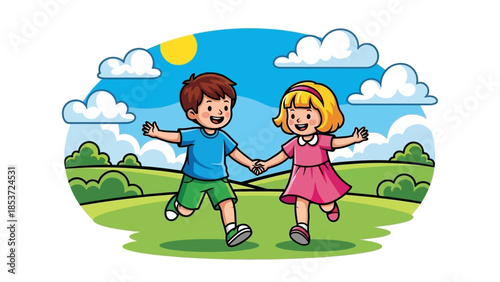 Joyful children holding hands while running in a park on a sunny day, evoking a sense of childhood innocence and outdoor fun