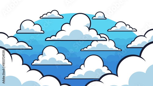 A whimsical cartoon illustration of fluffy white clouds drifting across a bright blue sky, evoking a sense of peace and wonder