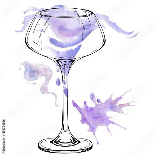 Classic Aviation cocktail in coupe glass, violet and lavender tones, ink outline with watercolor wash, splash and splatter. Hand drawn illustration for menus, recipe layouts, and drink pattern sets.
