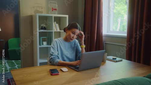 Angry asian woman work laptop home. Girl fail task. Female employee failure. Busy person use broken pc. Online computer freelance distant remote job. Worker ruined career, loss start up money. Bad day