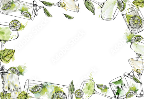 Transparent cocktails with lime and mint, mojito margarita lemonade in rectangular watercolor and ink frame. Perfect for bar menus, mixology branding, tropical decor, summer cards, food illustrations.