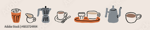 Coffee set. Hand-drawn cappuccino glass, milk, moka pot, espresso and americano cups in Italian Dolce vita doodle sketch scribble style. Morning drinks. Isolated sketchy flat vector illustrations