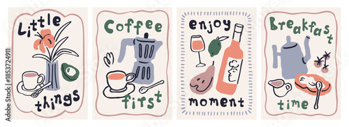 Dolce vita doodle cards set with food and drink sketches. Breakfast posters with coffee cup, flower vase, moka pot, wine bottle, wineglass, phrases in hand-drawn style. Flat vector illustrations
