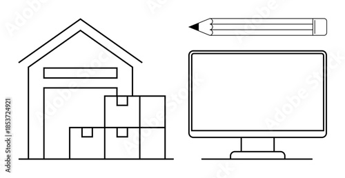 Logistics, planning, e-commerce, digital tools, supply chain, inventory control. Warehouse with stacked boxes, pencil and computer monitor. Logistics and planning by warehouse and tools