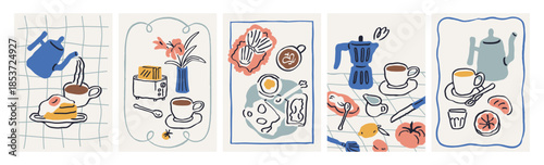 Breakfast poster designs set. Dolce vita Italian cards with food and drink, coffee cup, moka pot, pancakes, toasts, cheese, flowers. Cozy kitchen sketches in doodle style. Flat vector illustrations