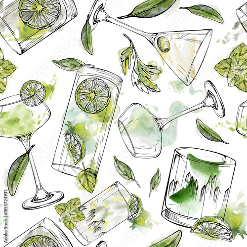 Fresh green cocktails, transparent clear spirits drinks, gin tonic, martini with olive, mint and citrus garnish. Seamless pattern in watercolor and ink, for branding, packaging, fabric or wallpapers.