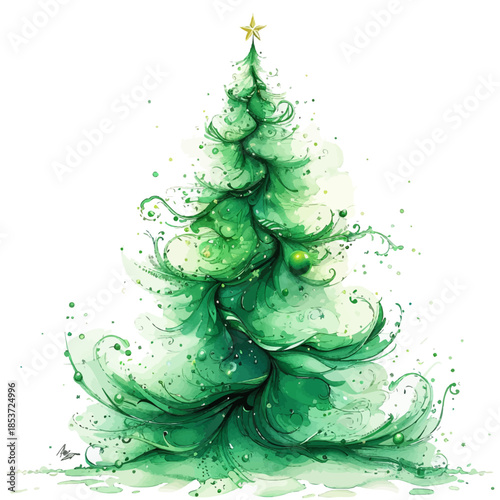 Whimsical Watercolor Christmas Tree Vector Illustration with Festive Sparkles and Ornaments