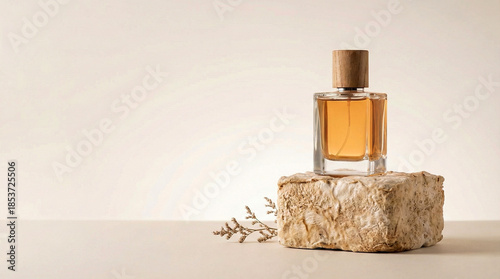 Rectangular perfume bottle with wooden cap standing on a raw mycelium block with dried flower against beige background.