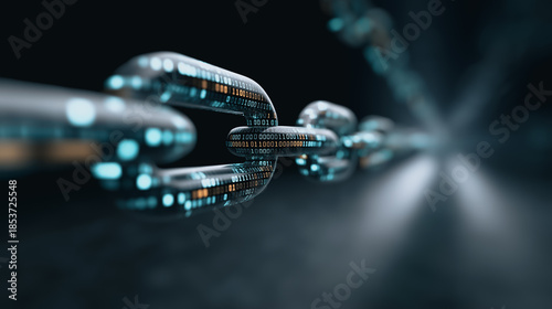 A striking macro view of a metallic chain, illustrating strength, connection, and the intricate links of a digital blockchain, with each link representing a node in the network.