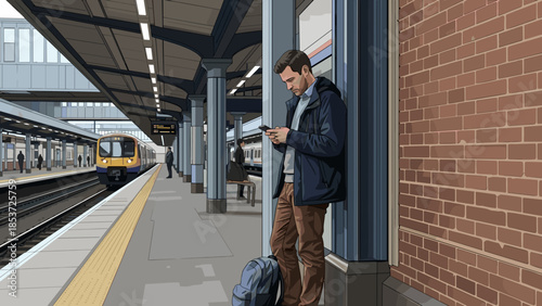 Man waiting at station and looking at smartphone with backpack  