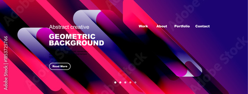 Vibrant geometric background features flowing shapes, text elements, navigation menu. Modern design suggests website header or banner.