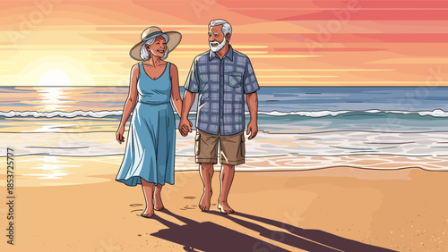 Senior couple walking on beach during sunset  