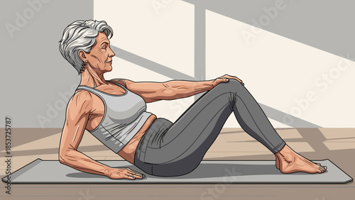 Senior woman doing pilates on exercise mat in bright room  
