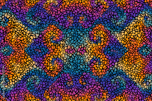 Trencadis wall texture. Bright abstract mosaic seamless pattern. Vector background. Endless texture. Ceramic tile fragments.