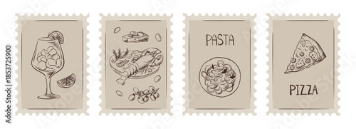 Hand-drawn Italian postcards with lemon, pasta, cocktails, and Mediterranean food. Vintage doodle artwork perfect for summer menus, coastal designs, or Amalfi wedding invitations. Vector illustration