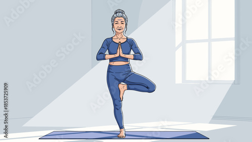 Older woman practicing yoga in blue outfit on mat by window  
