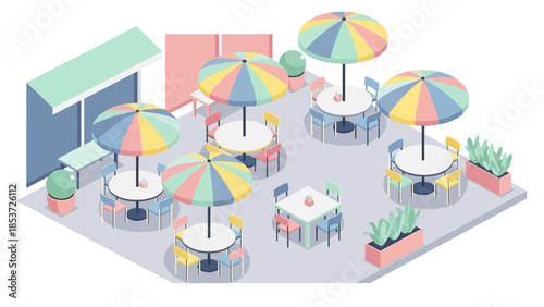 Outdoor Cafe with Colorful Umbrellas and Seating.