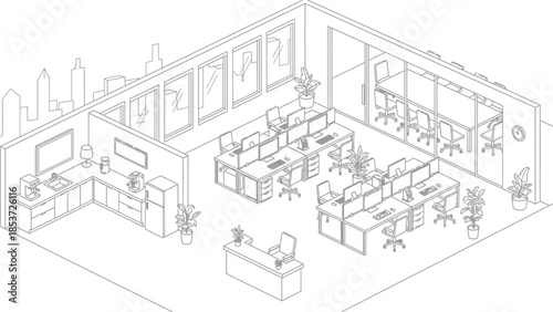 Office Space with Workstations and Meeting Area.