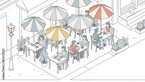 Outdoor Cafe Scene with People and Umbrellas.