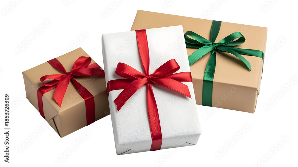 Obraz premium Minimalist Gift Boxes with Red and Green Ribbons on White Background