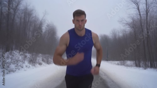 Man Running in Winter Landscape - Fitness and Determination.