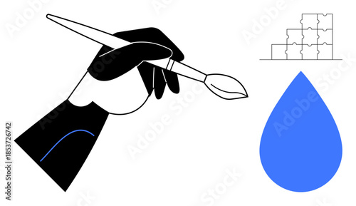 Creative process. Black and white hand with paintbrush artistry, joined by blue water drop and puzzle motifs. Creative process highlights ideas, problem solving, and design innovation. For education
