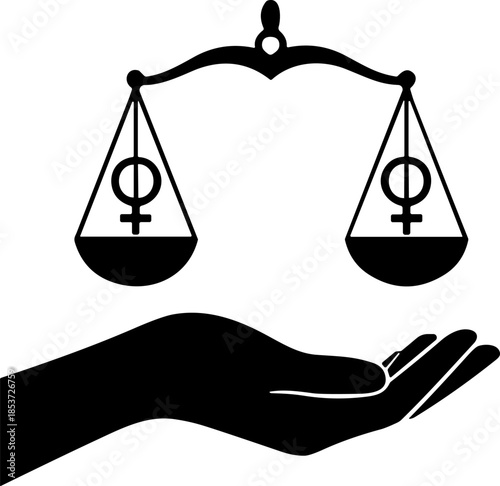 Hand Holding Perfectly Balanced Scales of Justice with Female Gender Symbols - Promoting Women's Rights, Equal Opportunity, and Social Justice Vector Illustration