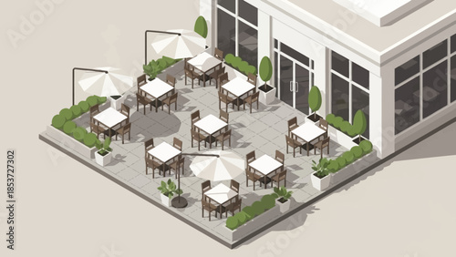 Outdoor Restaurant Patio with Tables and Chairs.