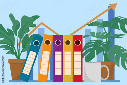 Office workspace colorful folders coffee mug business rising graphic in background room plants