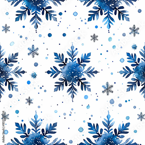 Seamless Blue Watercolor Snowflakes Vector Pattern for Winter Holiday Designs