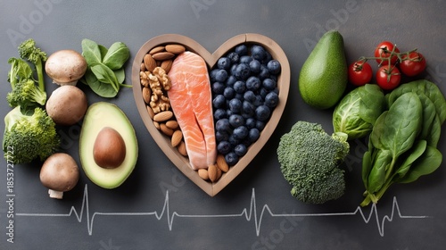 Healthy heart foods: salmon, nuts, berries, and vegetables for heart health