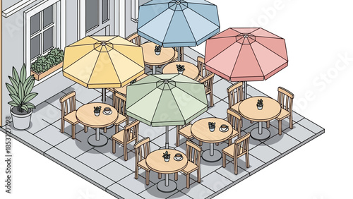Outdoor Patio Furniture with Colorful Umbrellas.