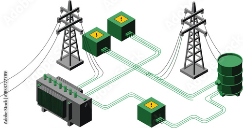 Isometric electrical power distribution system illustration, transformers substations transmission towers and control units, smart grid infrastructure, energy flow concept