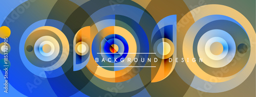 Abstract circles overlap, creating vibrant color gradients. Design features text background design within central rings. Modern, dynamic composition.