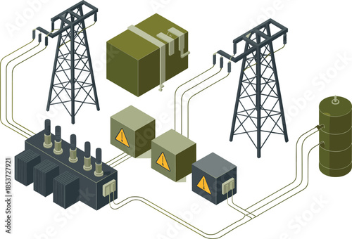 Isometric electrical power distribution system illustration, transformers substations transmission towers and control units, smart grid infrastructure, energy flow concept