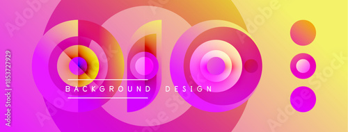 Abstract vibrant design features layered circles, gradient colors. Text reads background design. Pink, purple, orange hues dominate composition.
