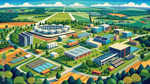 Very beautiful aerial view of Milton Keynes in Buckinghamshire, England, highlighting its grid layout, green spaces, modern planning, and expansive suburban urban design.