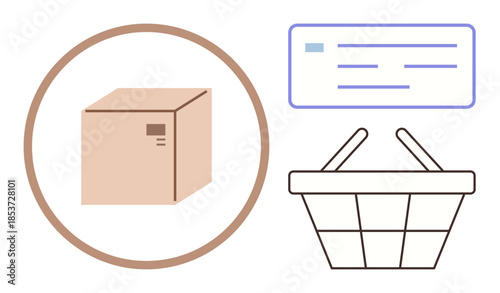 Box for shipping, basket for shopping, and digital form highlight e-commerce concepts. Ideal for online shopping, logistics, delivery, payment, transaction, order processing simple flat metaphor