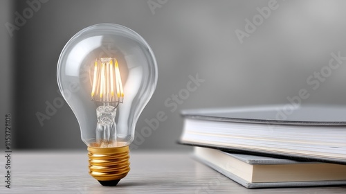 Emanating warm light, a glowing bulb stands next to stacks of open books on a minimalist desk, creating a calming atmosphere for learning and reflection