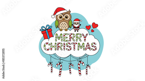Merry Christmas Illustration Featuring an Owl and Santa Claus with Gifts and Candy Canes