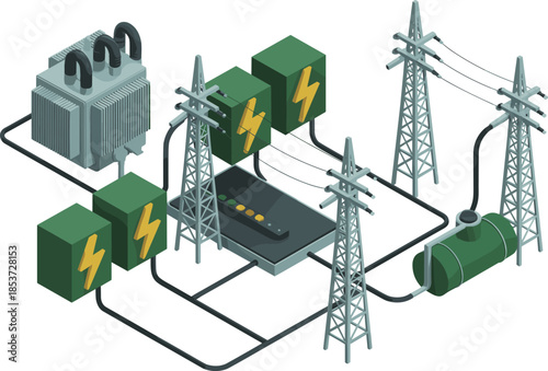 Isometric electrical power distribution system illustration, transformers substations transmission towers and control units, smart grid infrastructure, energy flow concept