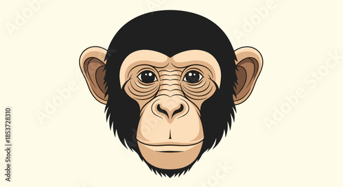 Detailed chimpanzee face illustration showing realistic features and thoughtful expression of a wild primate on a light background.