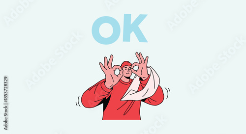 Creative person wearing red sweater making okay hand gestures over their eyes against a light blue background with text.
